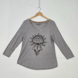 Lucky Brand Womens L Pink Lotus Floral Mandala Gray 3/4 Sleeve Jersey T Shirt
